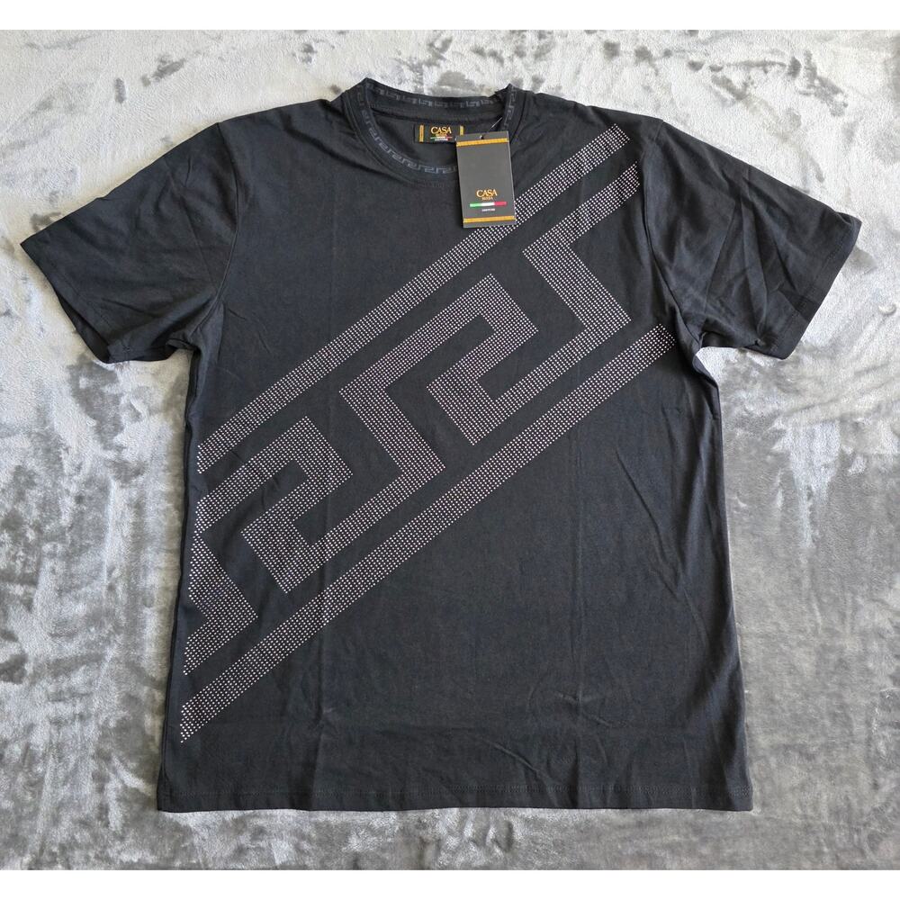 Casa Moda Men’s Couture Rhinestone Graphic Black T Shirt Large